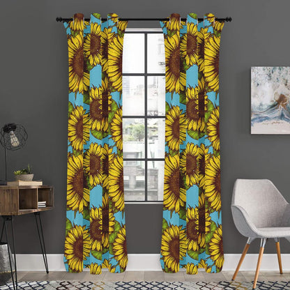 Blue Vintage Sunflower Pattern Print Curtain