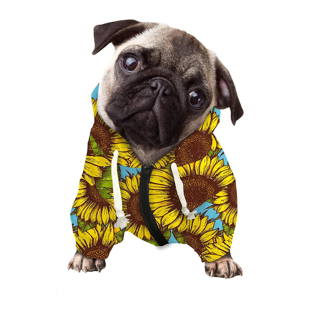 Blue Vintage Sunflower Pattern Print Dog Zip Up Hoodie