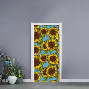 Blue Vintage Sunflower Pattern Print Door Sticker