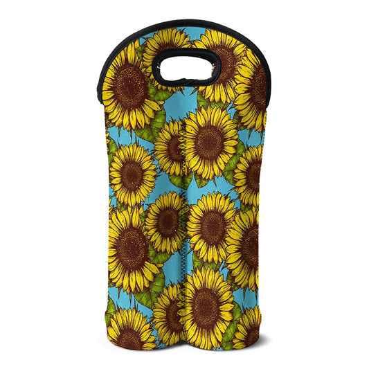 Blue Vintage Sunflower Pattern Print Double Neoprene Wine Tote