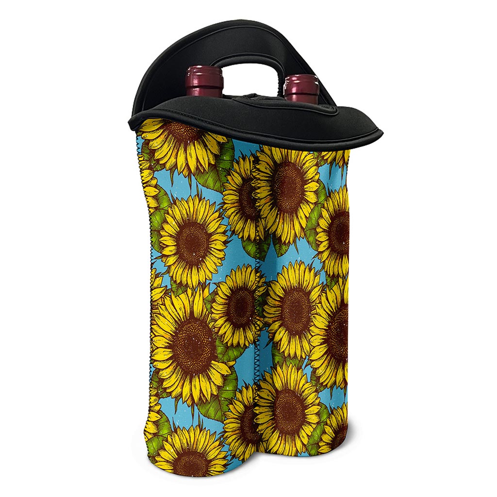 Blue Vintage Sunflower Pattern Print Double Neoprene Wine Tote