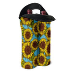 Blue Vintage Sunflower Pattern Print Double Neoprene Wine Tote