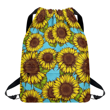 Blue Vintage Sunflower Pattern Print Drawstring Backpack
