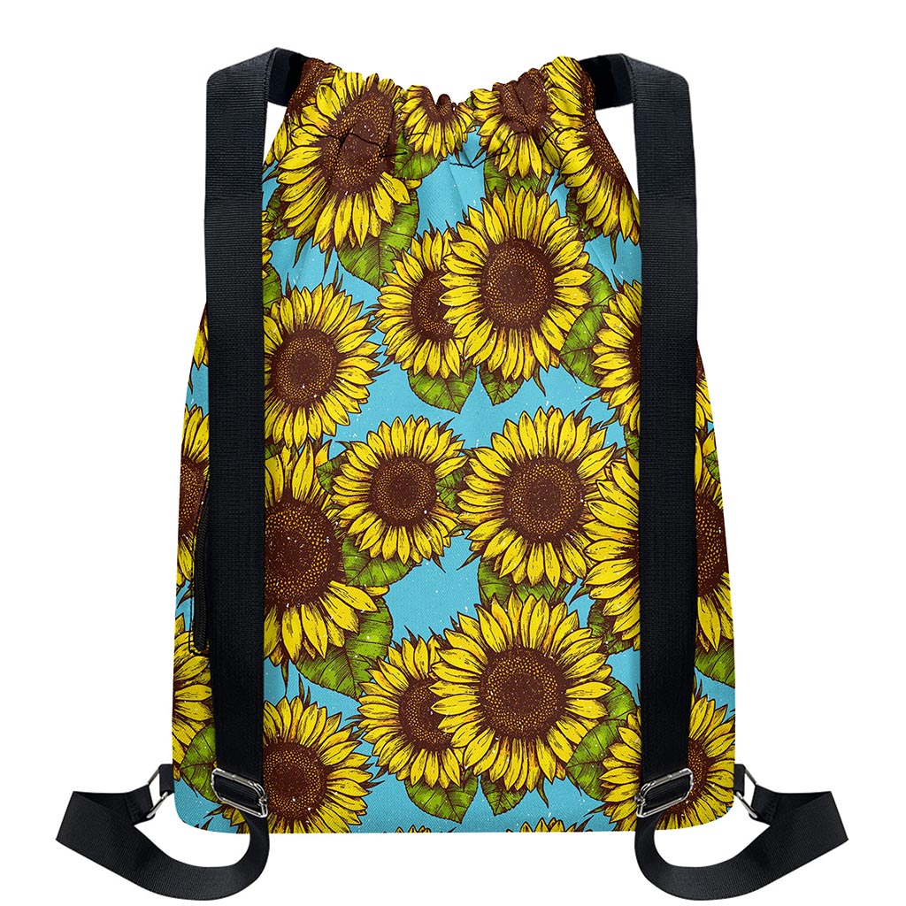 Blue Vintage Sunflower Pattern Print Drawstring Backpack