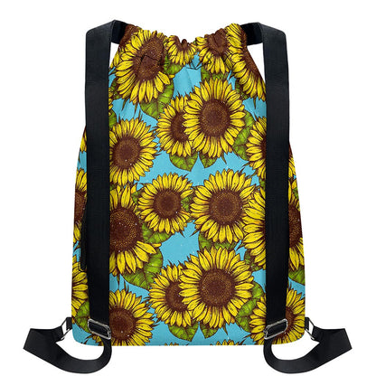 Blue Vintage Sunflower Pattern Print Drawstring Backpack