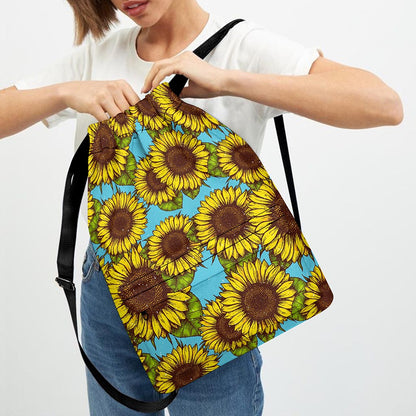 Blue Vintage Sunflower Pattern Print Drawstring Backpack