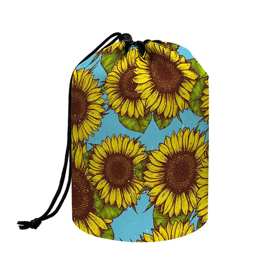 Blue Vintage Sunflower Pattern Print Drawstring Makeup Bag