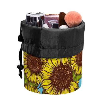 Blue Vintage Sunflower Pattern Print Drawstring Makeup Bag