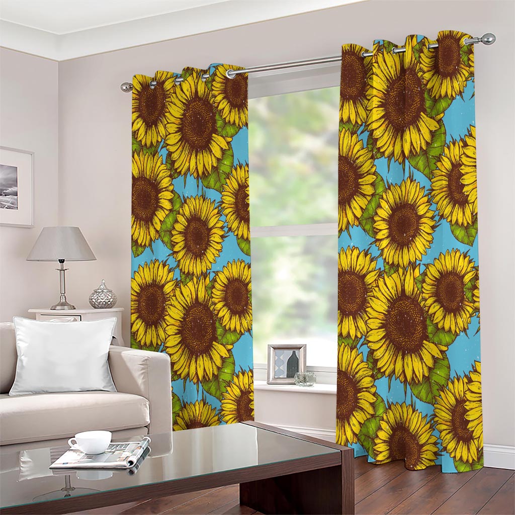 Blue Vintage Sunflower Pattern Print Extra Wide Grommet Curtains