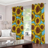 Blue Vintage Sunflower Pattern Print Extra Wide Grommet Curtains