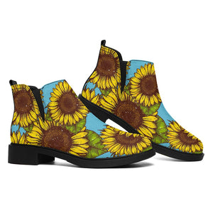 Blue Vintage Sunflower Pattern Print Flat Ankle Boots
