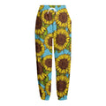 Blue Vintage Sunflower Pattern Print Fleece Lined Knit Pants