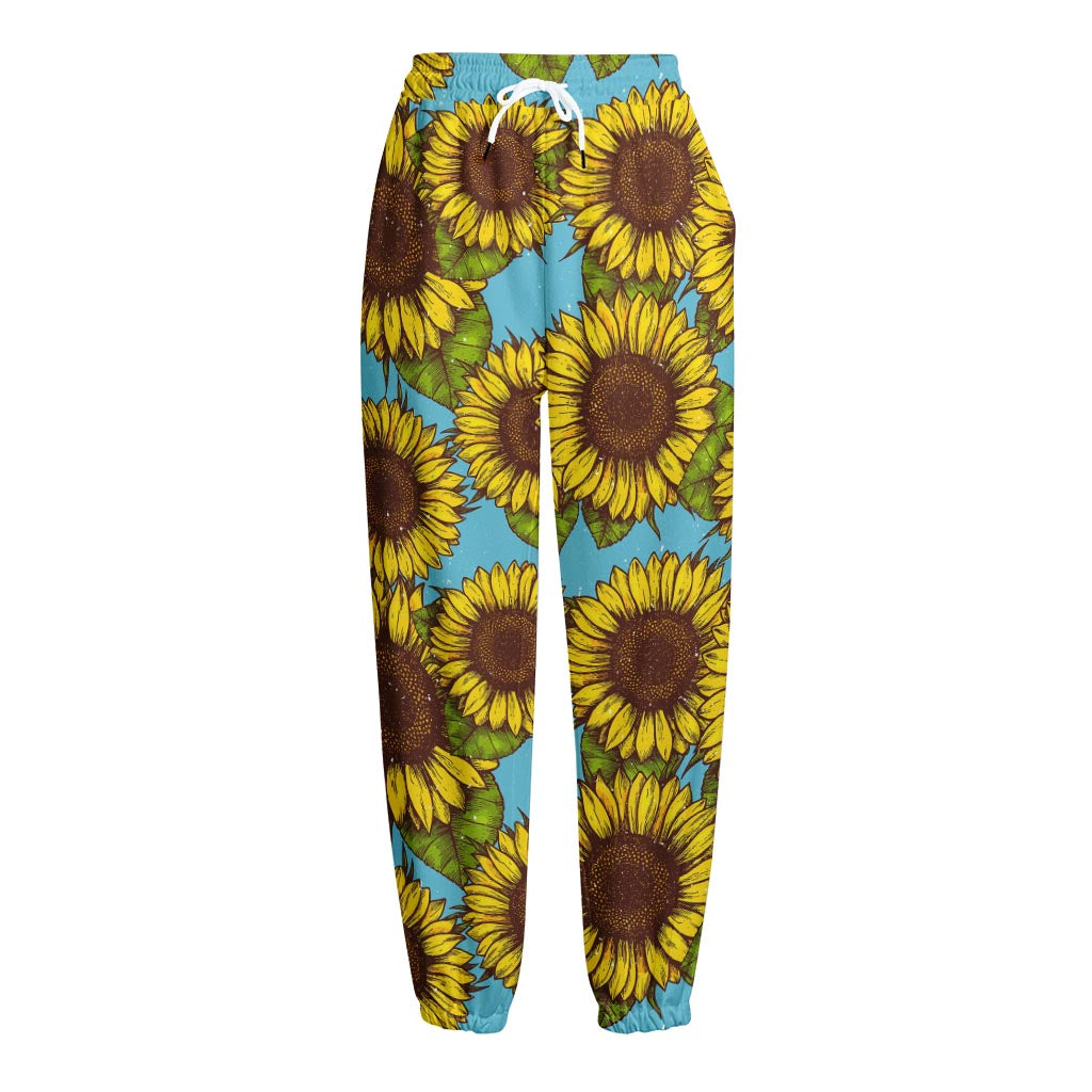 Blue Vintage Sunflower Pattern Print Fleece Lined Knit Pants