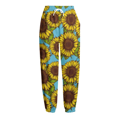 Blue Vintage Sunflower Pattern Print Fleece Lined Knit Pants