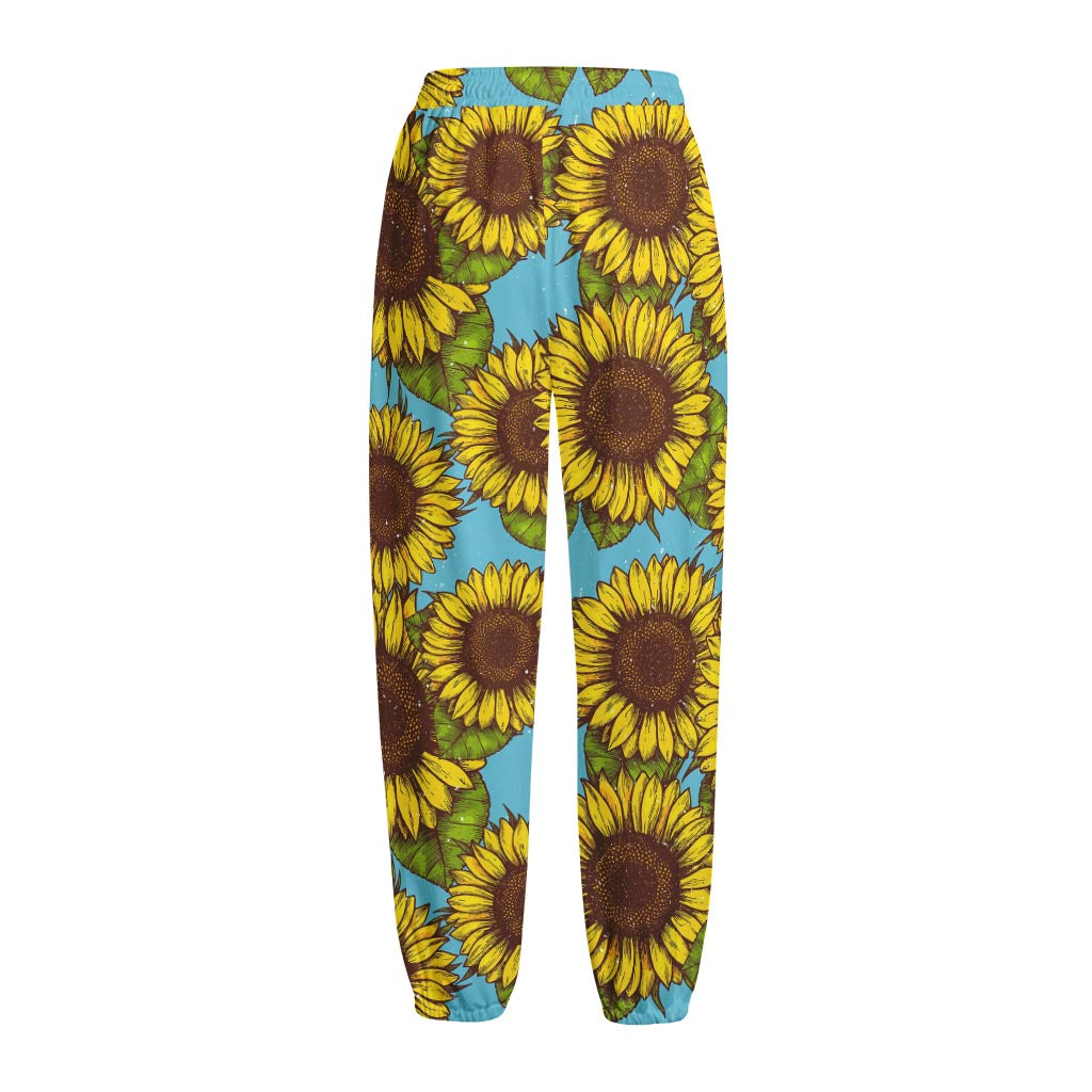Blue Vintage Sunflower Pattern Print Fleece Lined Knit Pants