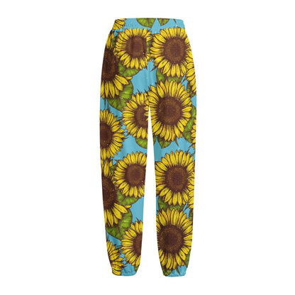 Blue Vintage Sunflower Pattern Print Fleece Lined Knit Pants