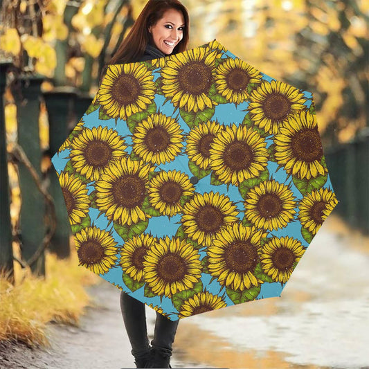Blue Vintage Sunflower Pattern Print Foldable Umbrella