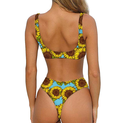 Blue Vintage Sunflower Pattern Print Front Bow Tie Bikini