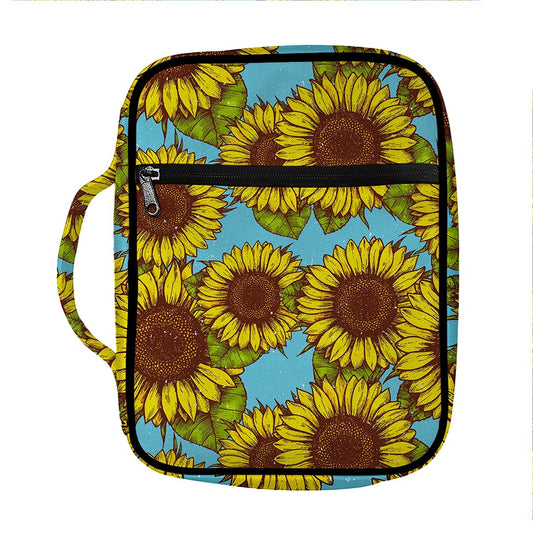 Blue Vintage Sunflower Pattern Print Front Pocket Bible Bag