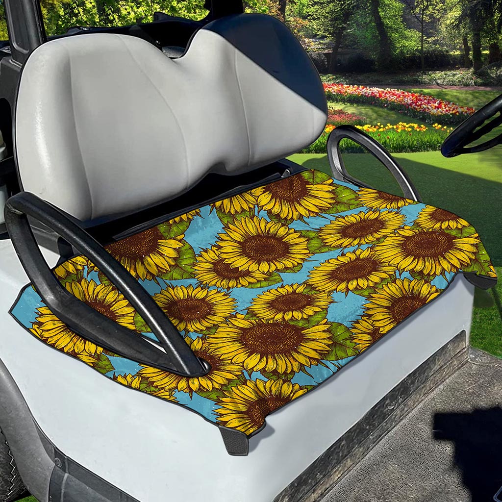Blue Vintage Sunflower Pattern Print Golf Cart Seat Cover