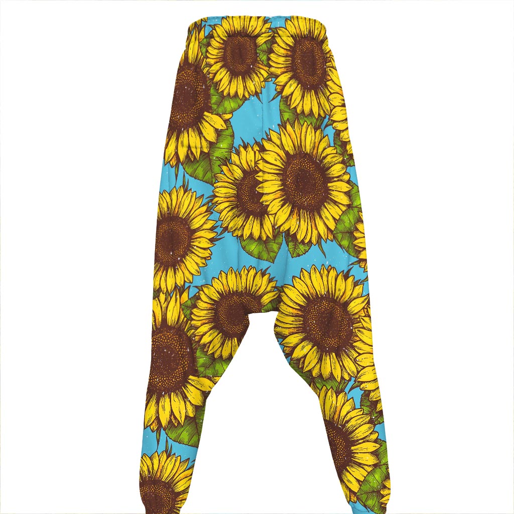 Blue Vintage Sunflower Pattern Print Hammer Pants