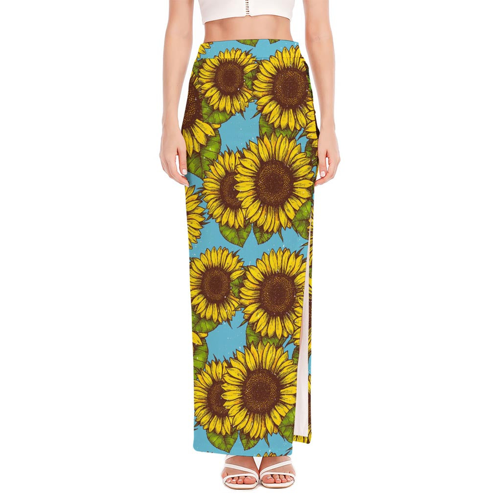 Blue Vintage Sunflower Pattern Print High Slit Maxi Skirt