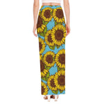 Blue Vintage Sunflower Pattern Print High Slit Maxi Skirt