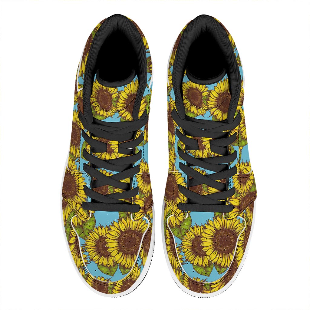 Blue Vintage Sunflower Pattern Print High Top Leather Sneakers