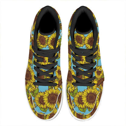 Blue Vintage Sunflower Pattern Print High Top Leather Sneakers