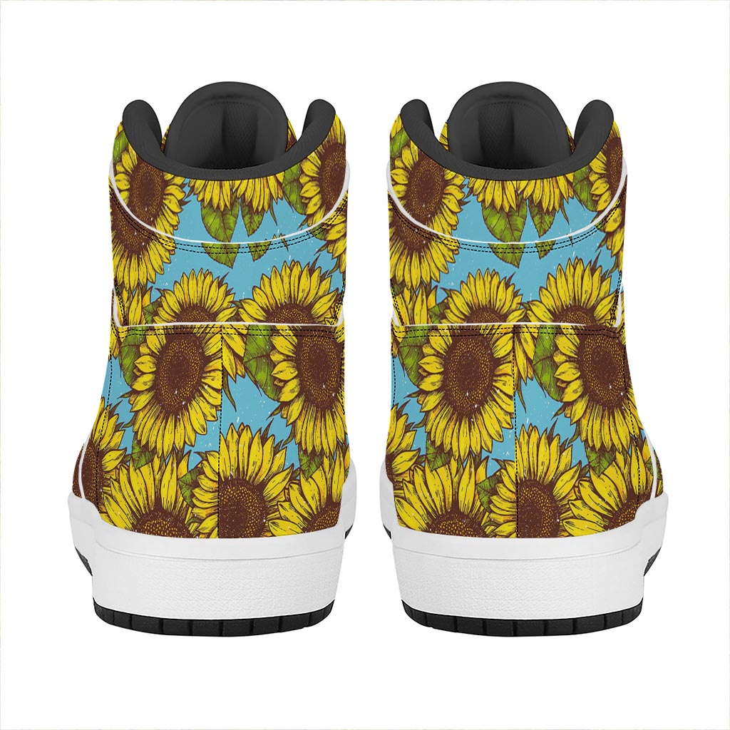 Blue Vintage Sunflower Pattern Print High Top Leather Sneakers