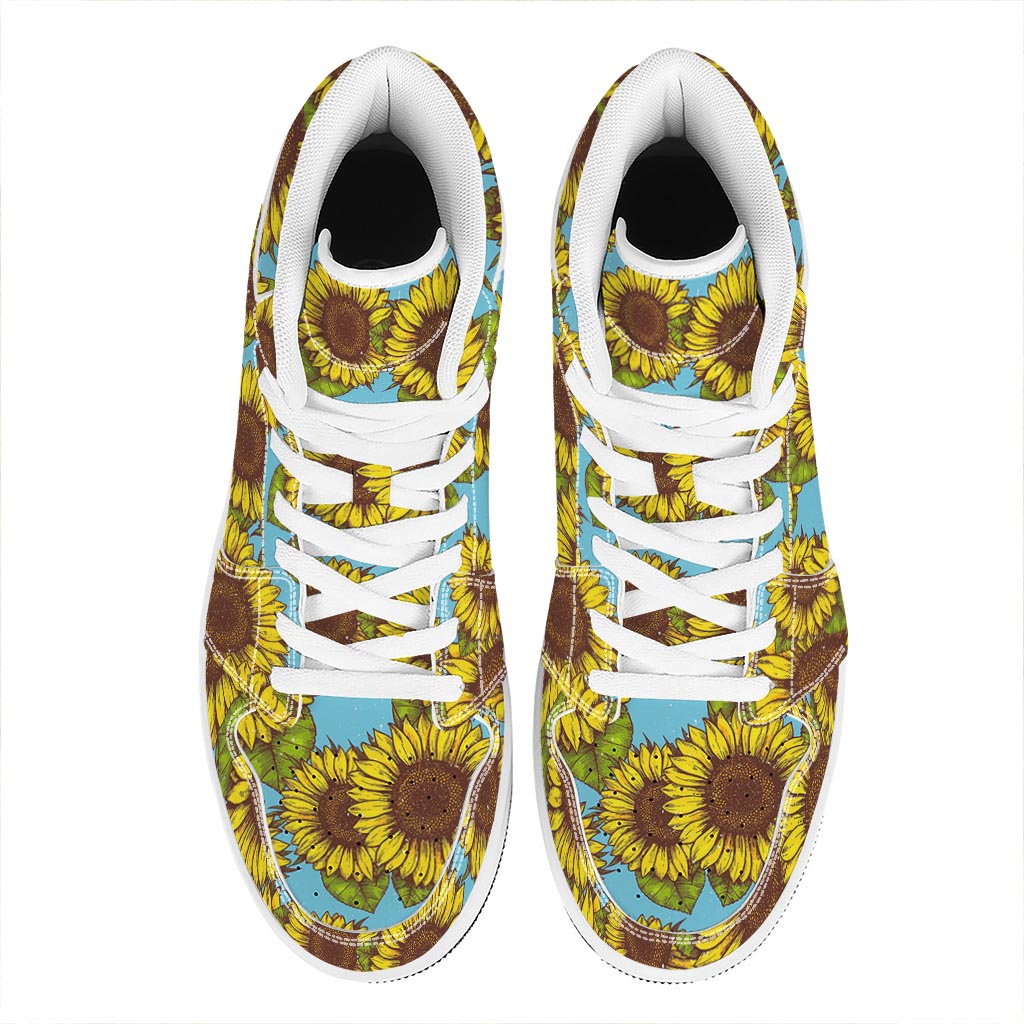 Blue Vintage Sunflower Pattern Print High Top Leather Sneakers