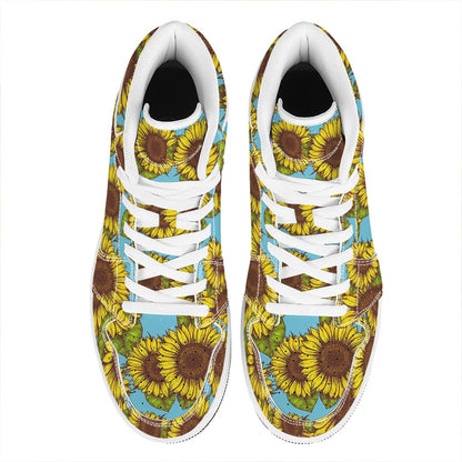 Blue Vintage Sunflower Pattern Print High Top Leather Sneakers