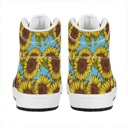 Blue Vintage Sunflower Pattern Print High Top Leather Sneakers