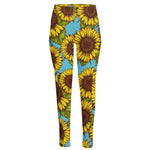 Blue Vintage Sunflower Pattern Print High-Waisted Pocket Leggings