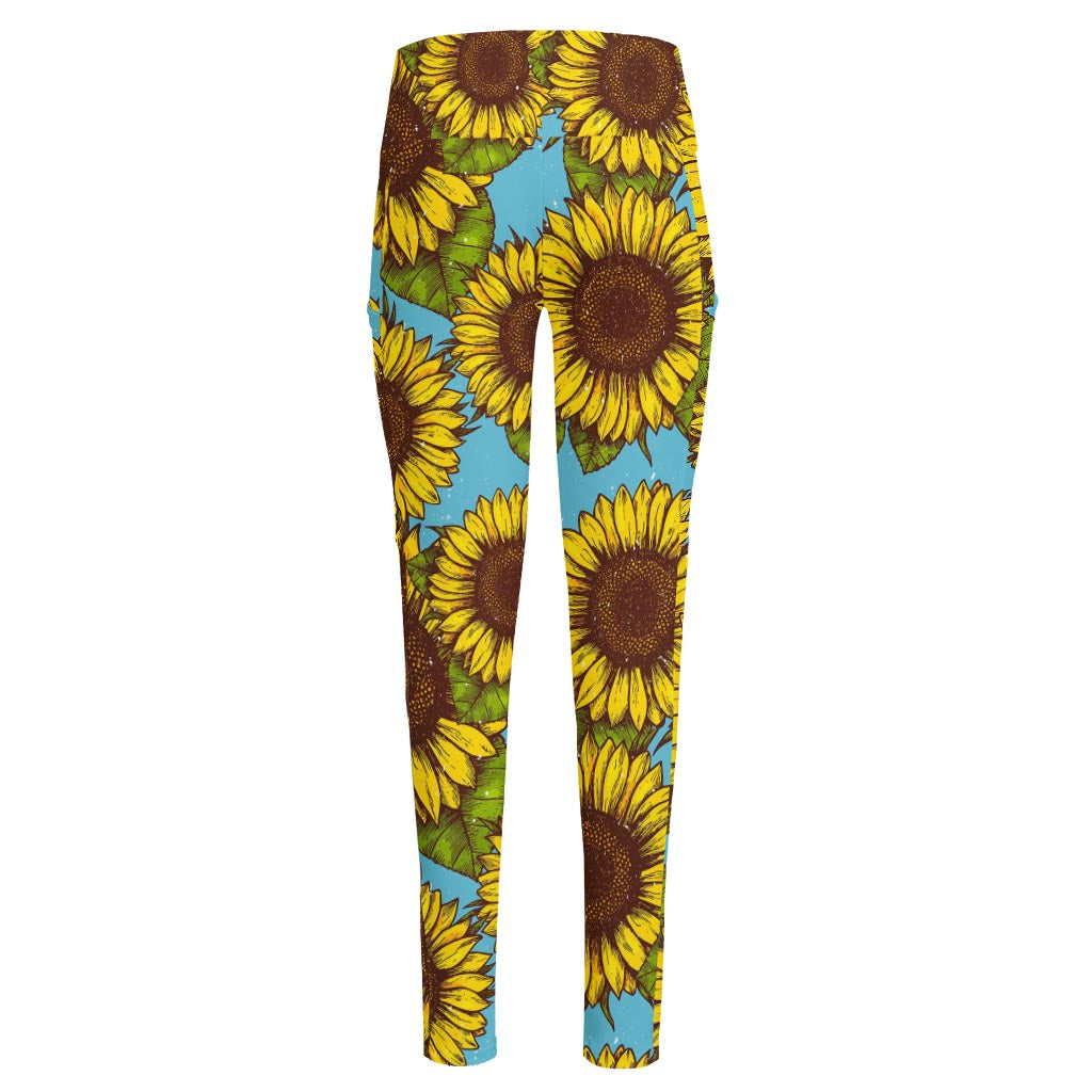 Blue Vintage Sunflower Pattern Print High-Waisted Pocket Leggings