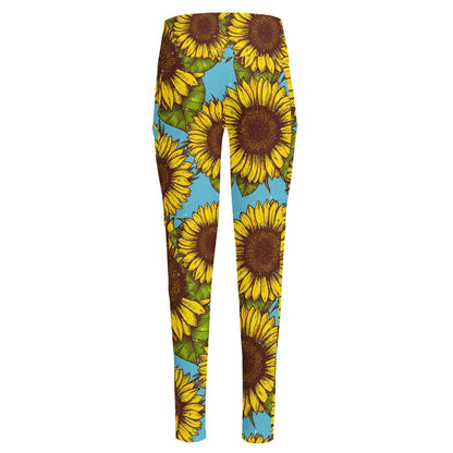 Blue Vintage Sunflower Pattern Print High-Waisted Pocket Leggings