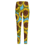 Blue Vintage Sunflower Pattern Print High-Waisted Pocket Leggings