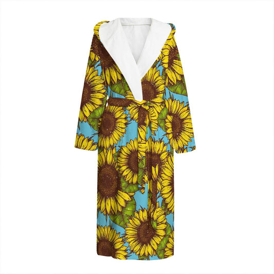 Blue Vintage Sunflower Pattern Print Hooded Bathrobe