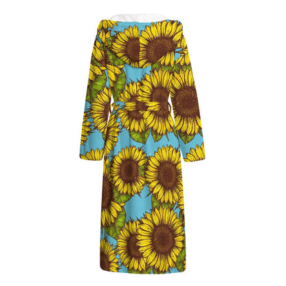 Blue Vintage Sunflower Pattern Print Hooded Bathrobe