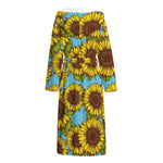 Blue Vintage Sunflower Pattern Print Hooded Bathrobe