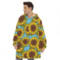 Blue Vintage Sunflower Pattern Print Hoodie Blanket