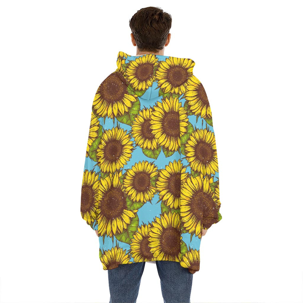 Blue Vintage Sunflower Pattern Print Hoodie Blanket