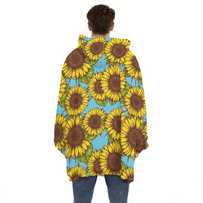 Blue Vintage Sunflower Pattern Print Hoodie Blanket