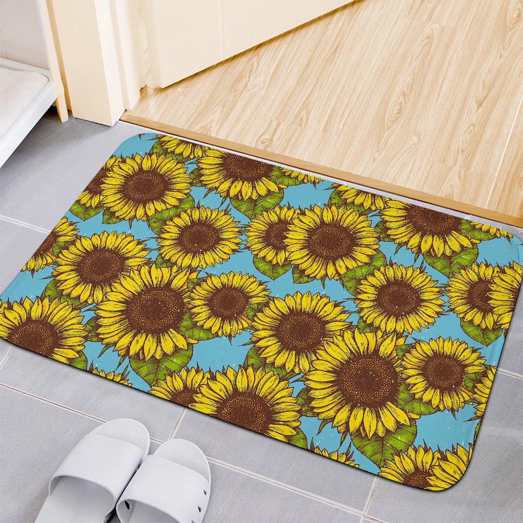 Blue Vintage Sunflower Pattern Print Indoor Door Mat