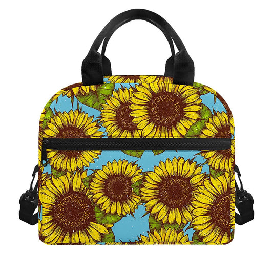 Blue Vintage Sunflower Pattern Print Insulated Lunch Bag