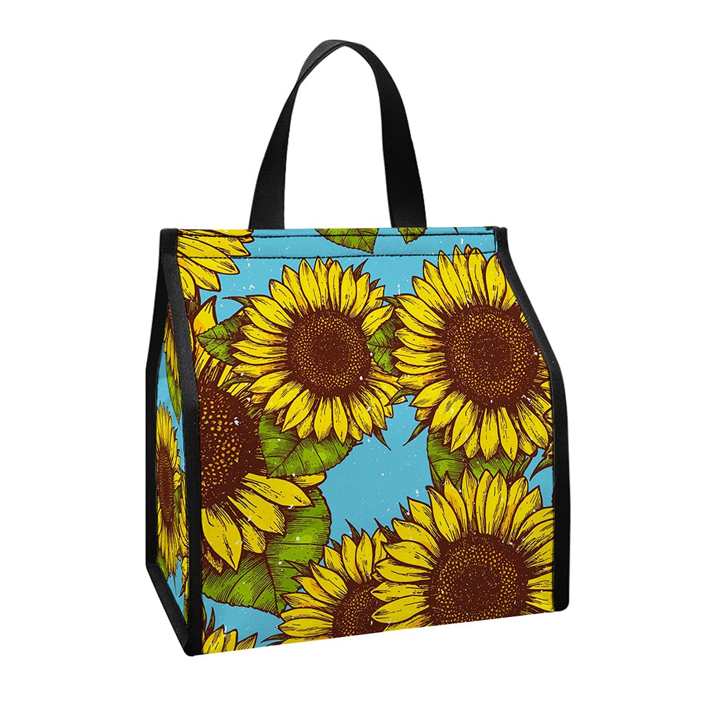 Blue Vintage Sunflower Pattern Print Insulated Lunch Tote
