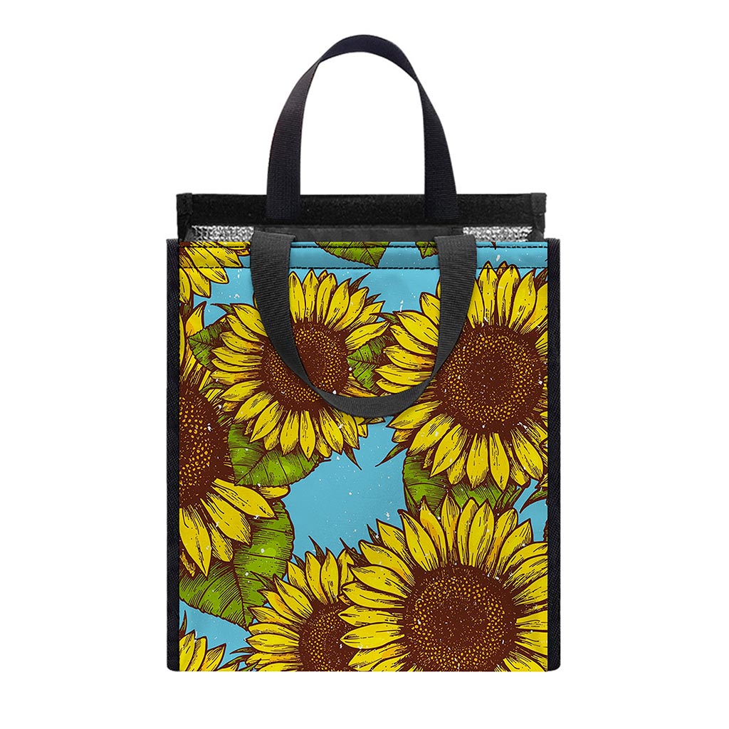 Blue Vintage Sunflower Pattern Print Insulated Lunch Tote