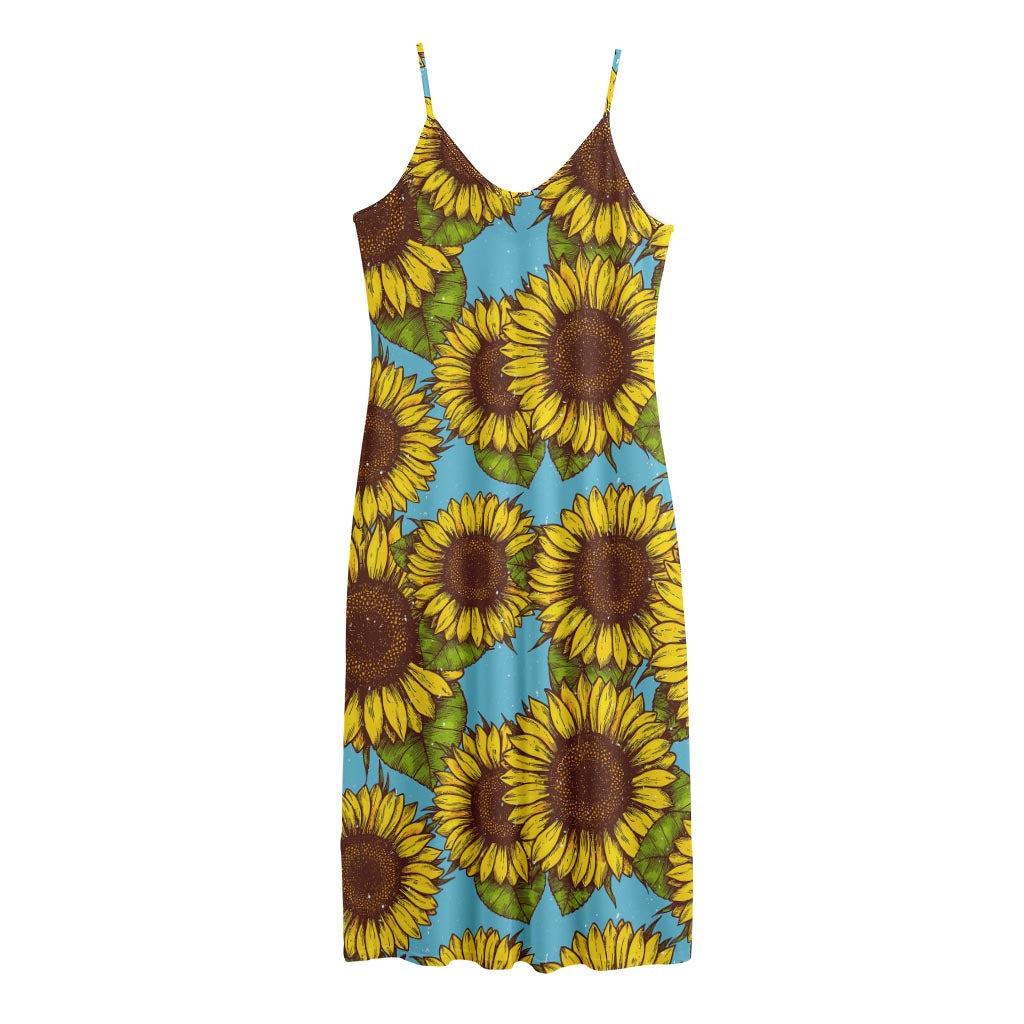 Blue Vintage Sunflower Pattern Print Jersey Midi Cami Dress