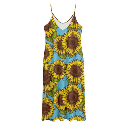 Blue Vintage Sunflower Pattern Print Jersey Midi Cami Dress