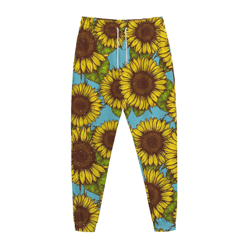 Blue Vintage Sunflower Pattern Print Jogger Pants